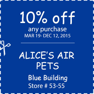 Coupon for Alice's Air Pets at the Walnut Creek Amish Fleamarket in Ohio